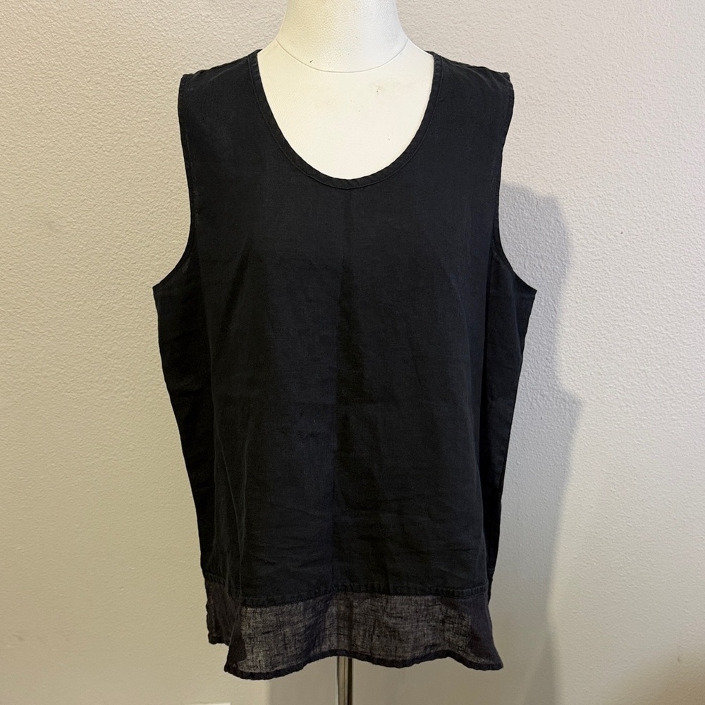 Flax Black Linen Tank Top with Gauze Hem Boho Vacation Lightweight Minimalist